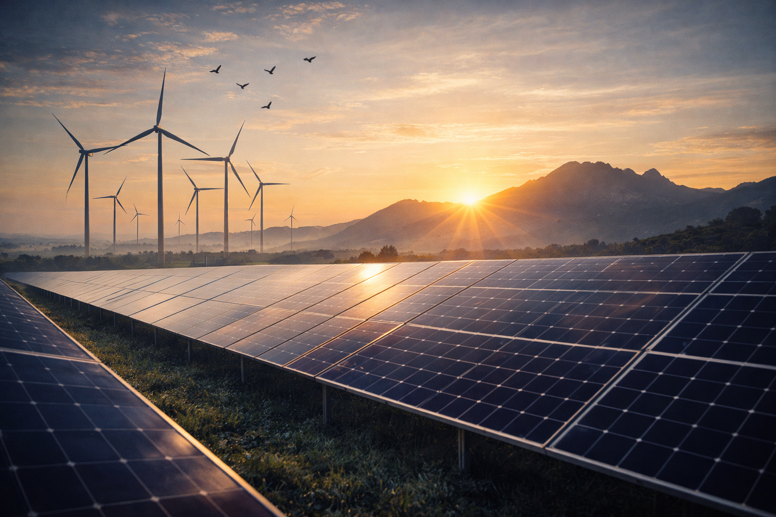 Aerial view of hybrid energy park with solar arrays, BESS containers and hydrogen electrolyzer
