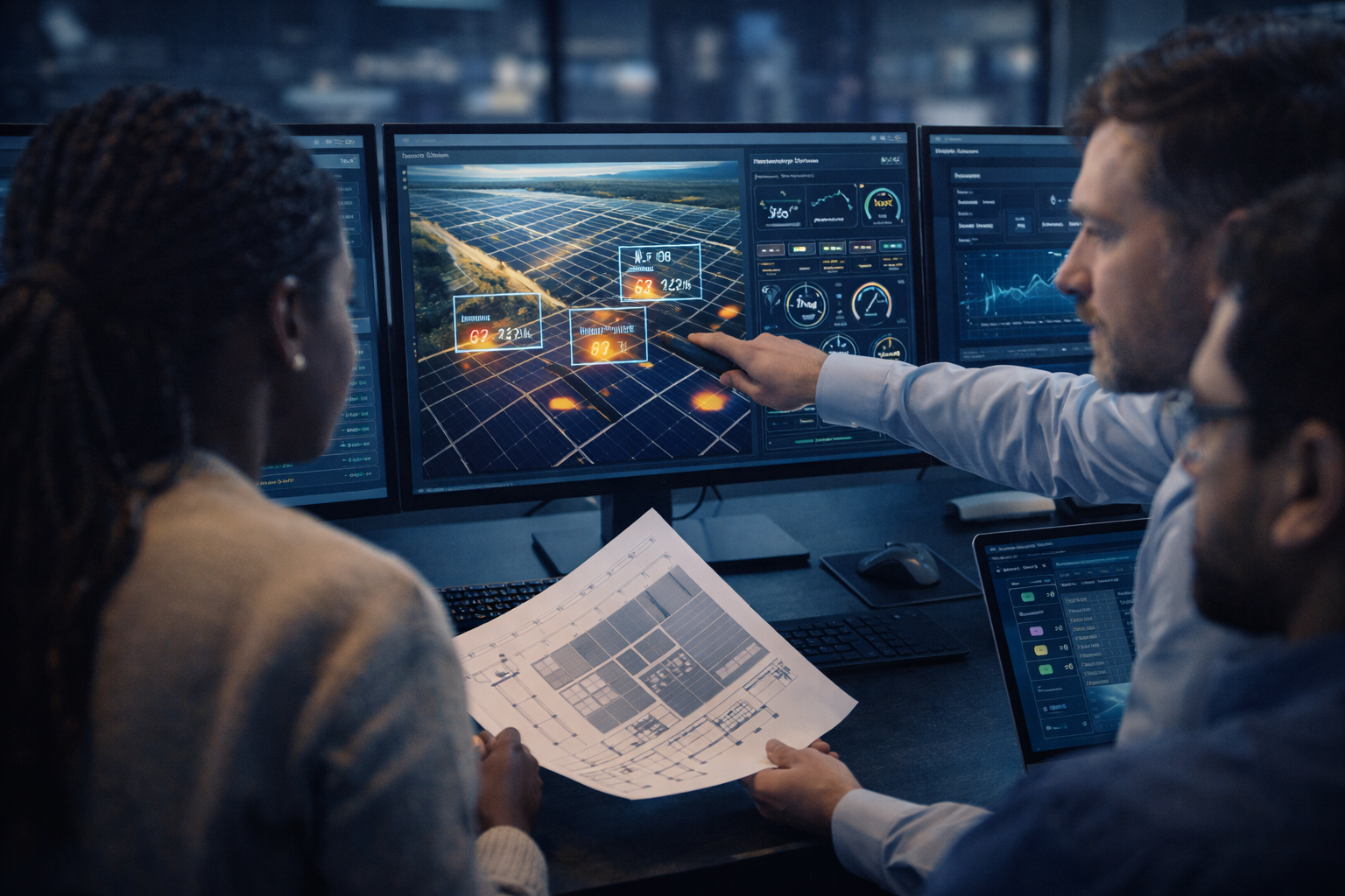Engineering workspace with code on one screen and edge computing prototype on desk