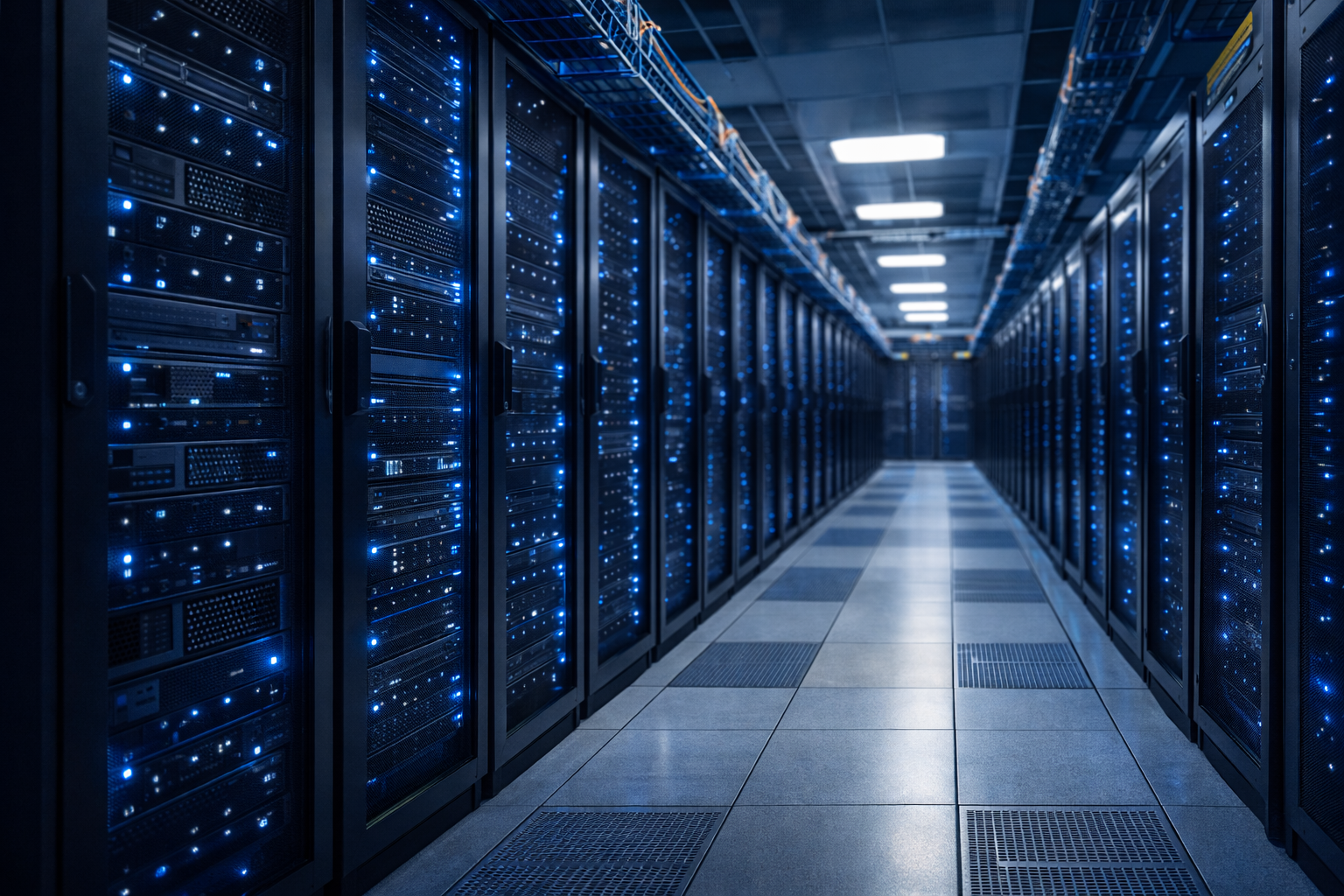Rows of GPU server racks with blue LED lighting in a modern hyperscale data center