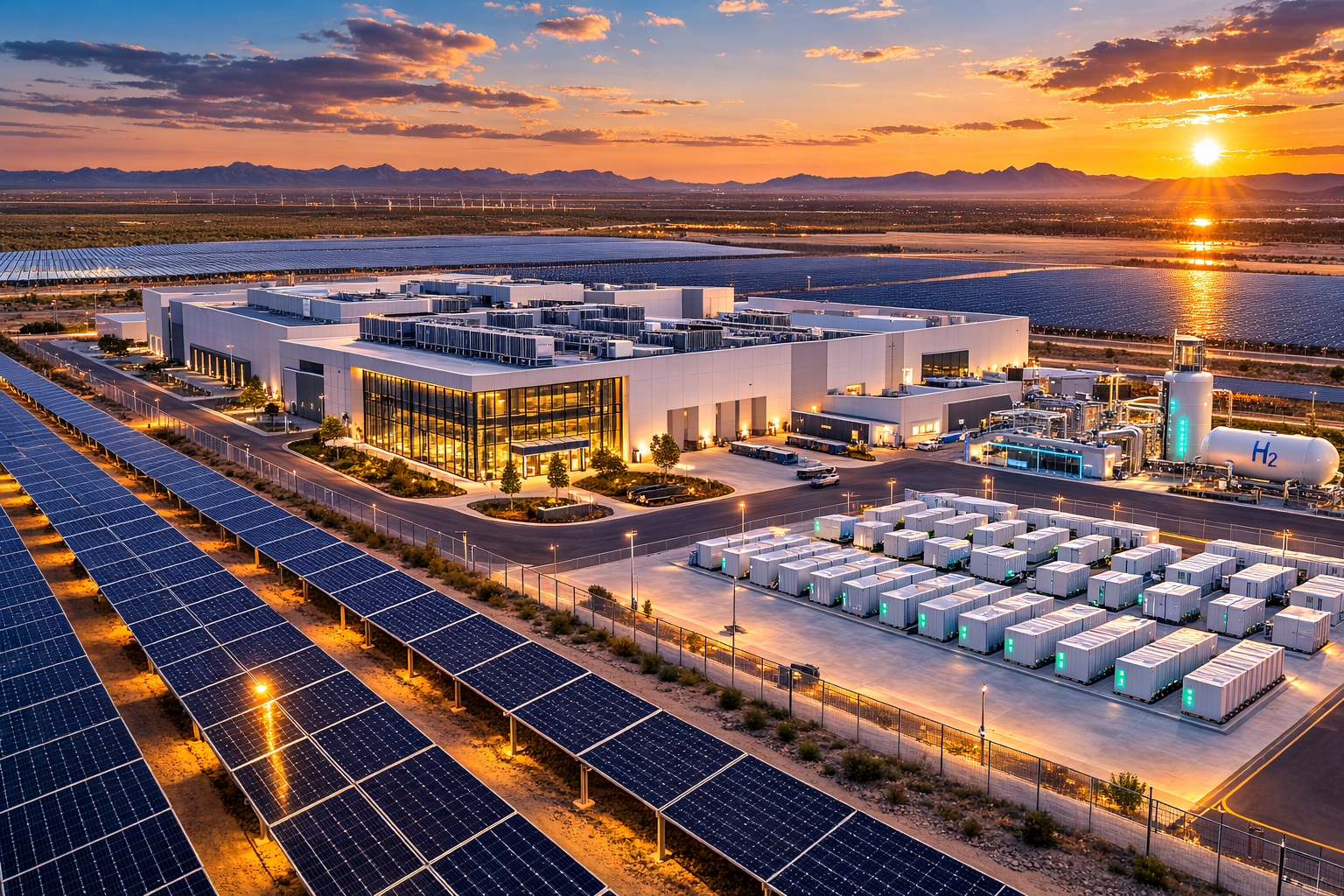 Aerial view of AI data center campus powered by solar farm with battery storage containers and hydrogen electrolysers