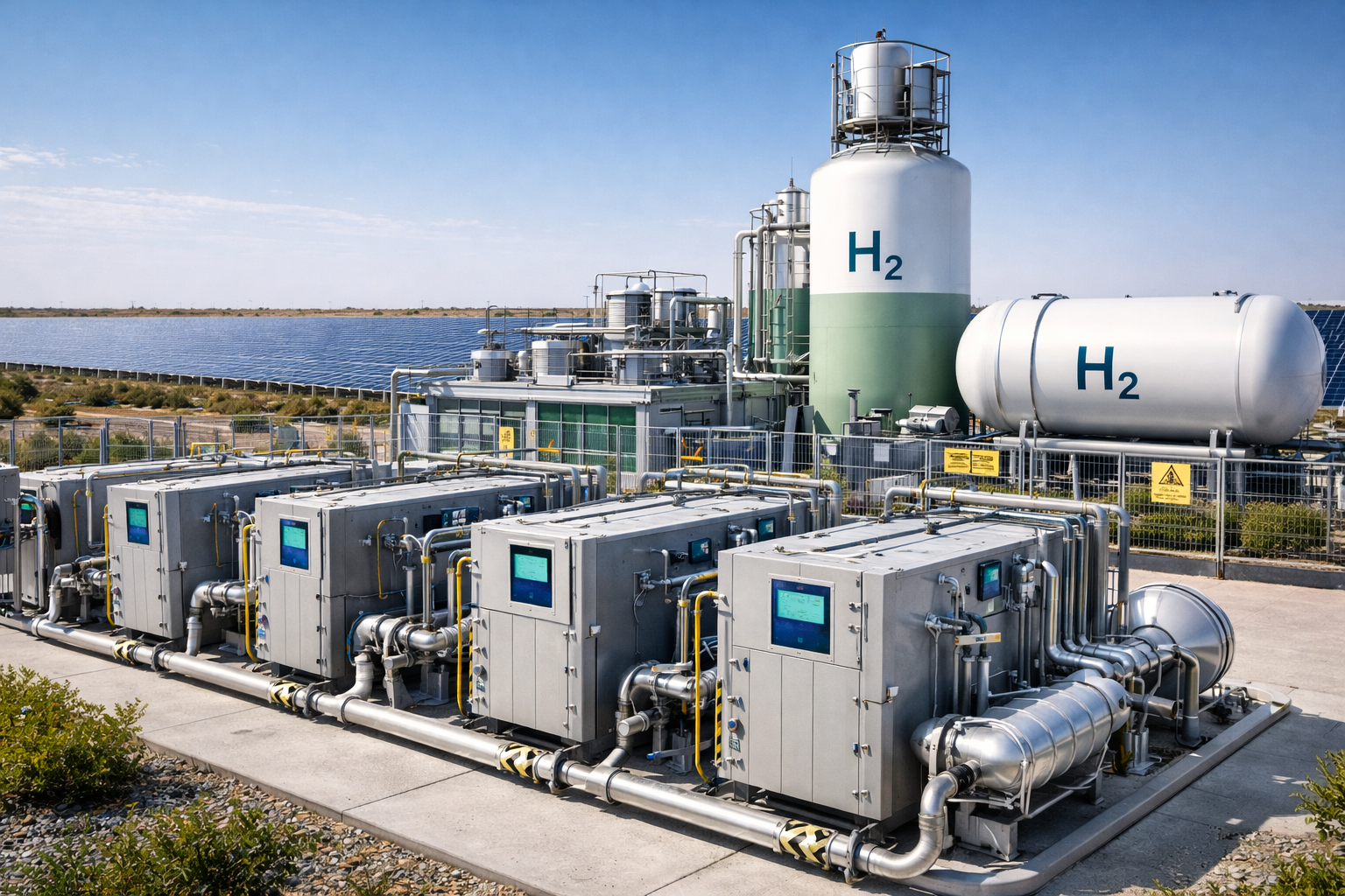 Green hydrogen electrolyser facility with storage tanks adjacent to a solar farm, pipes and safety infrastructure visible