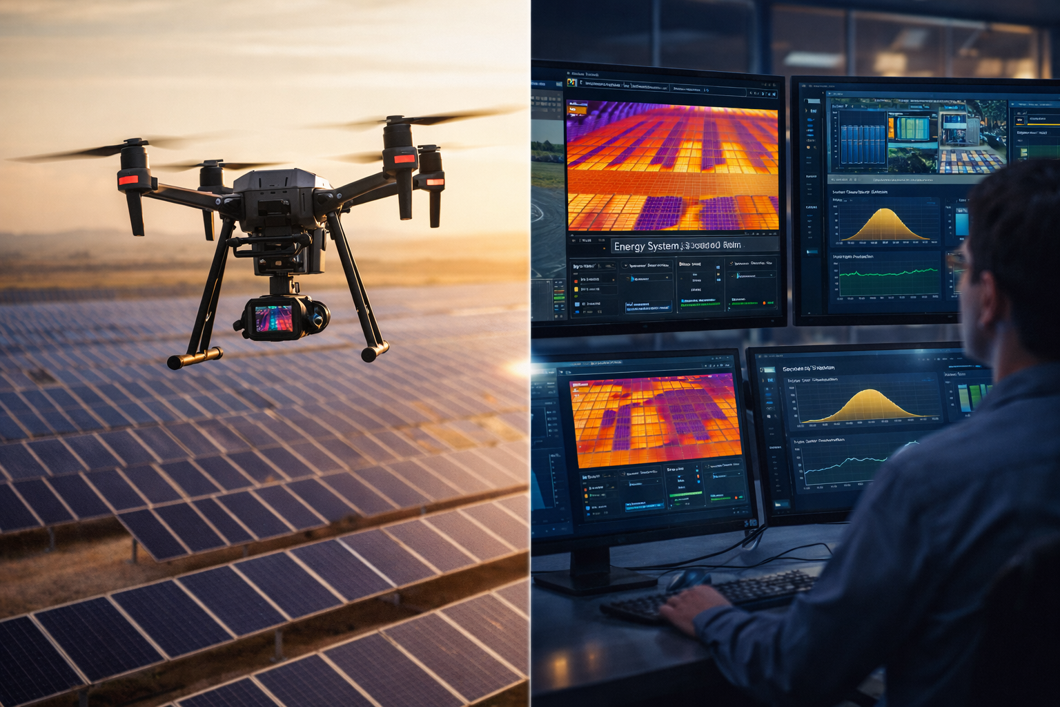 Split-screen view of drone inspecting solar panels and a control room monitoring data center energy systems