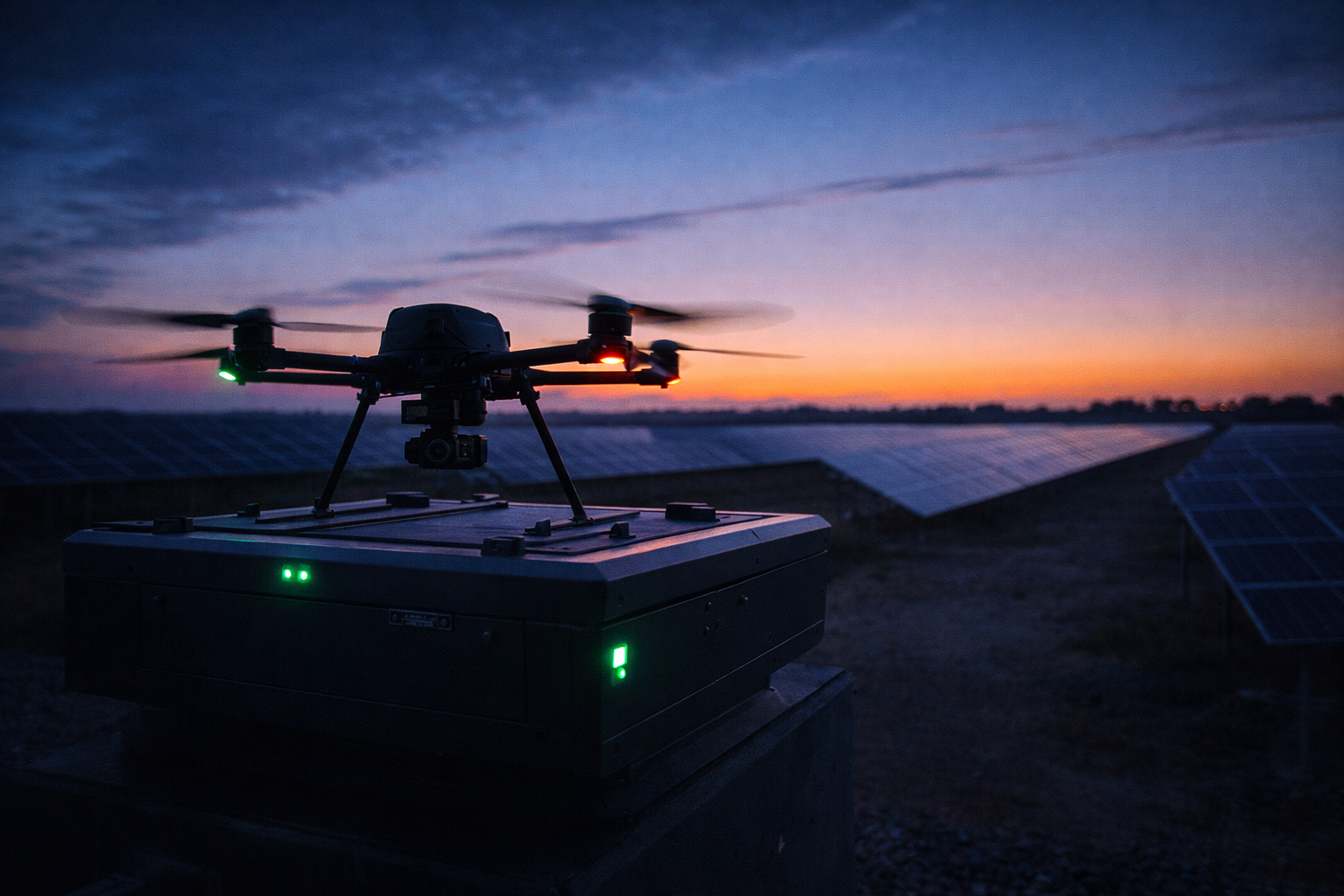 Drone on automated launch pad at edge of solar farm at dawn with propellers starting