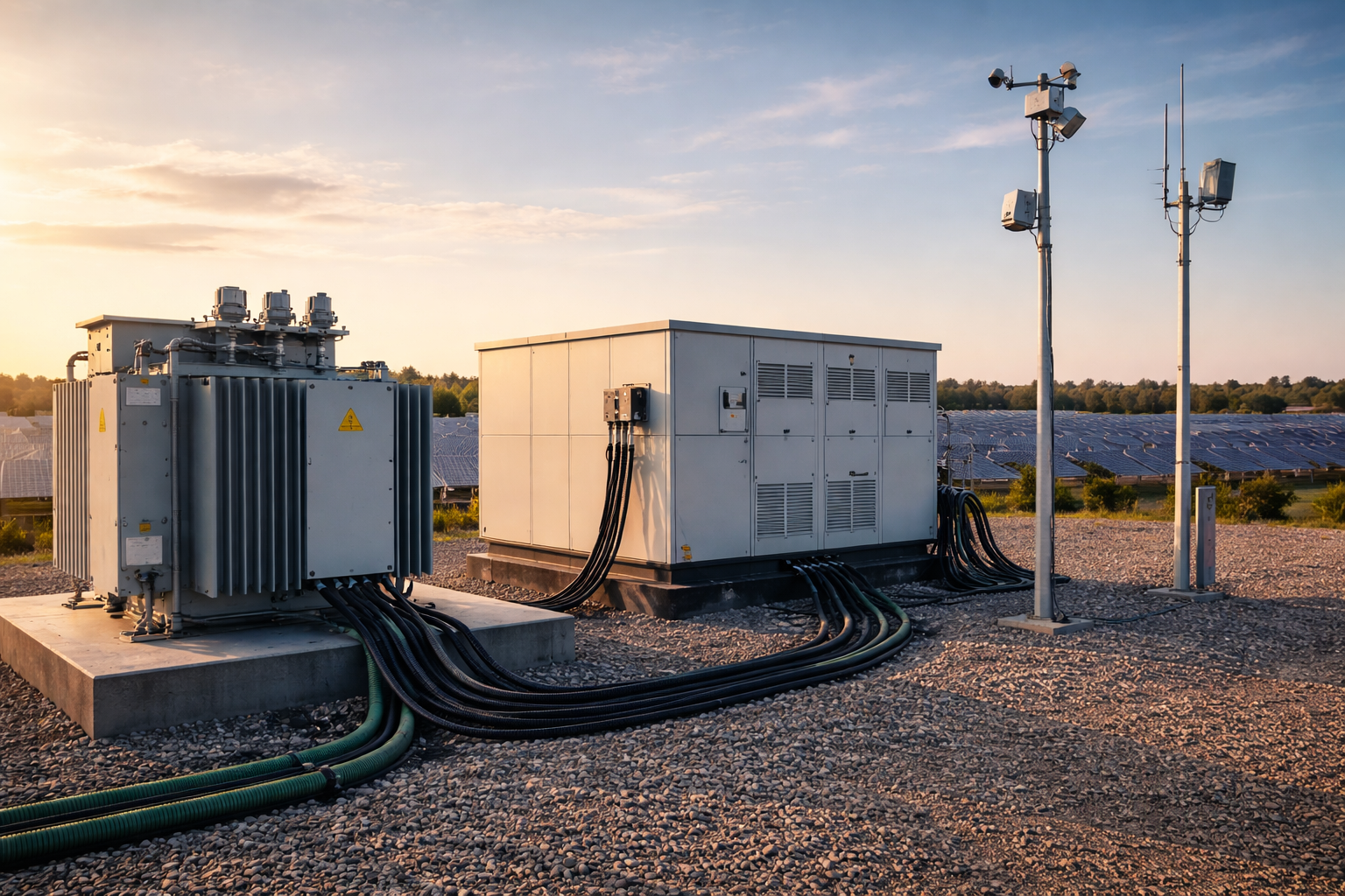 Solar site central equipment hub showing transformer, weather station, camera and communications antenna