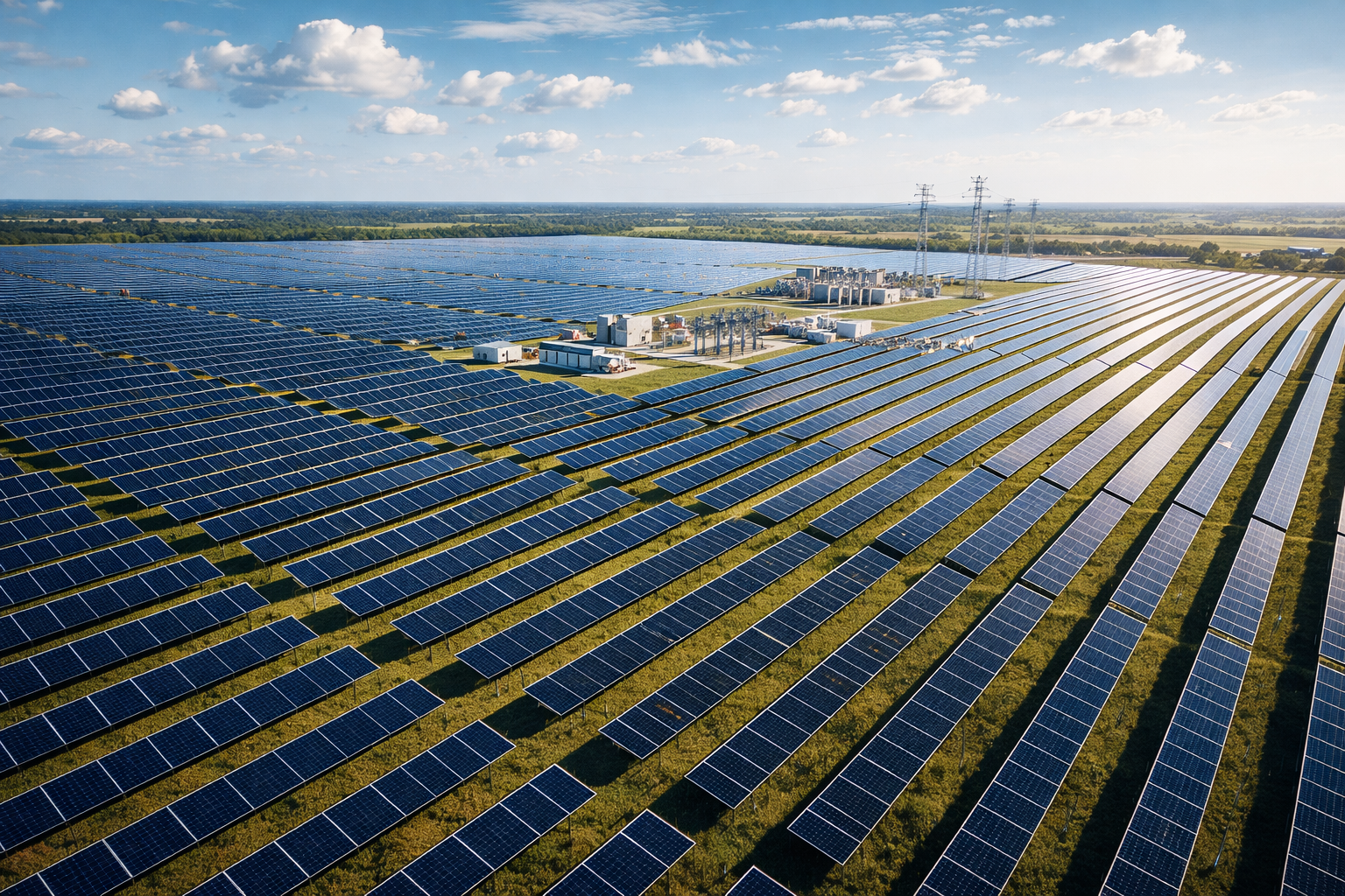 Aerial overview of a fully operational utility-scale solar farm with central substation, showing precise panel alignment across hundreds of rows