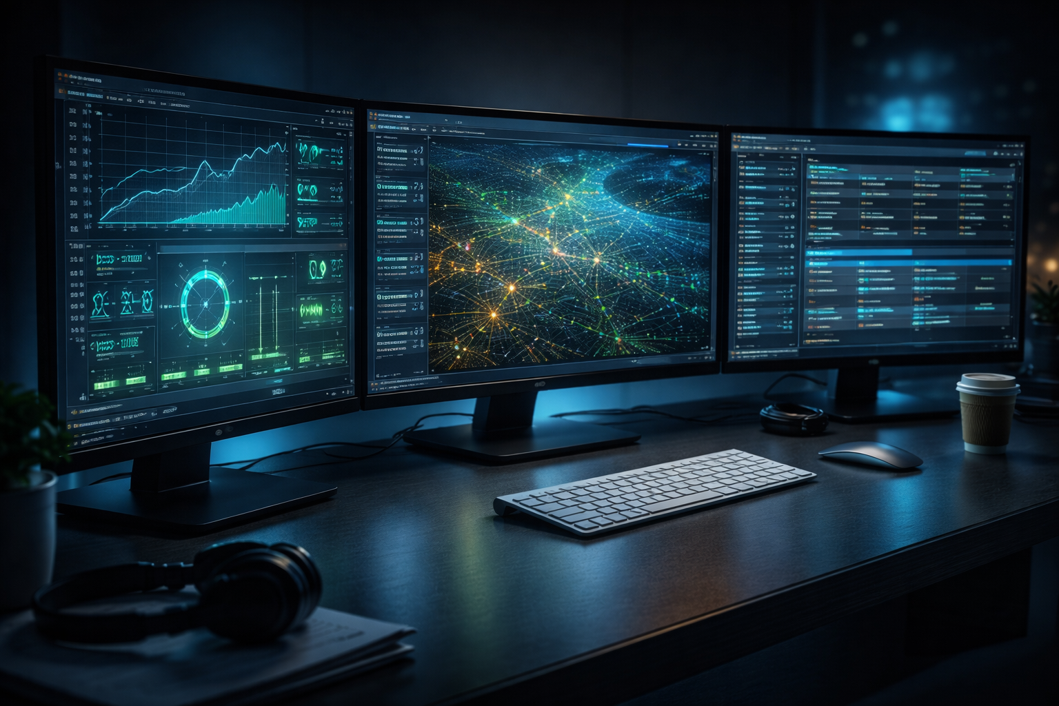 SCADA control room with multiple monitoring dashboards showing real-time solar plant performance