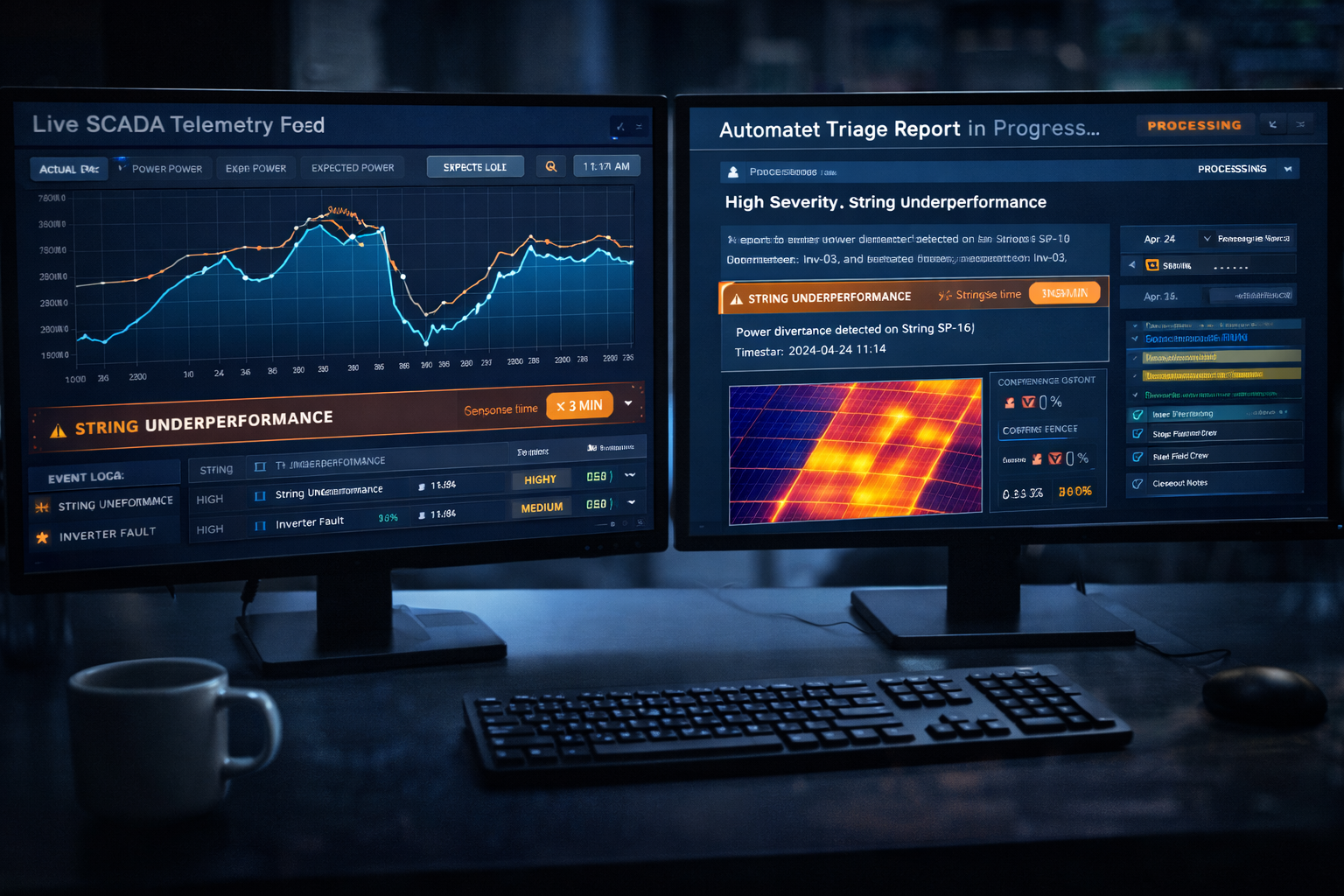 Split-screen workstation showing live SCADA telemetry and automated triage report generation