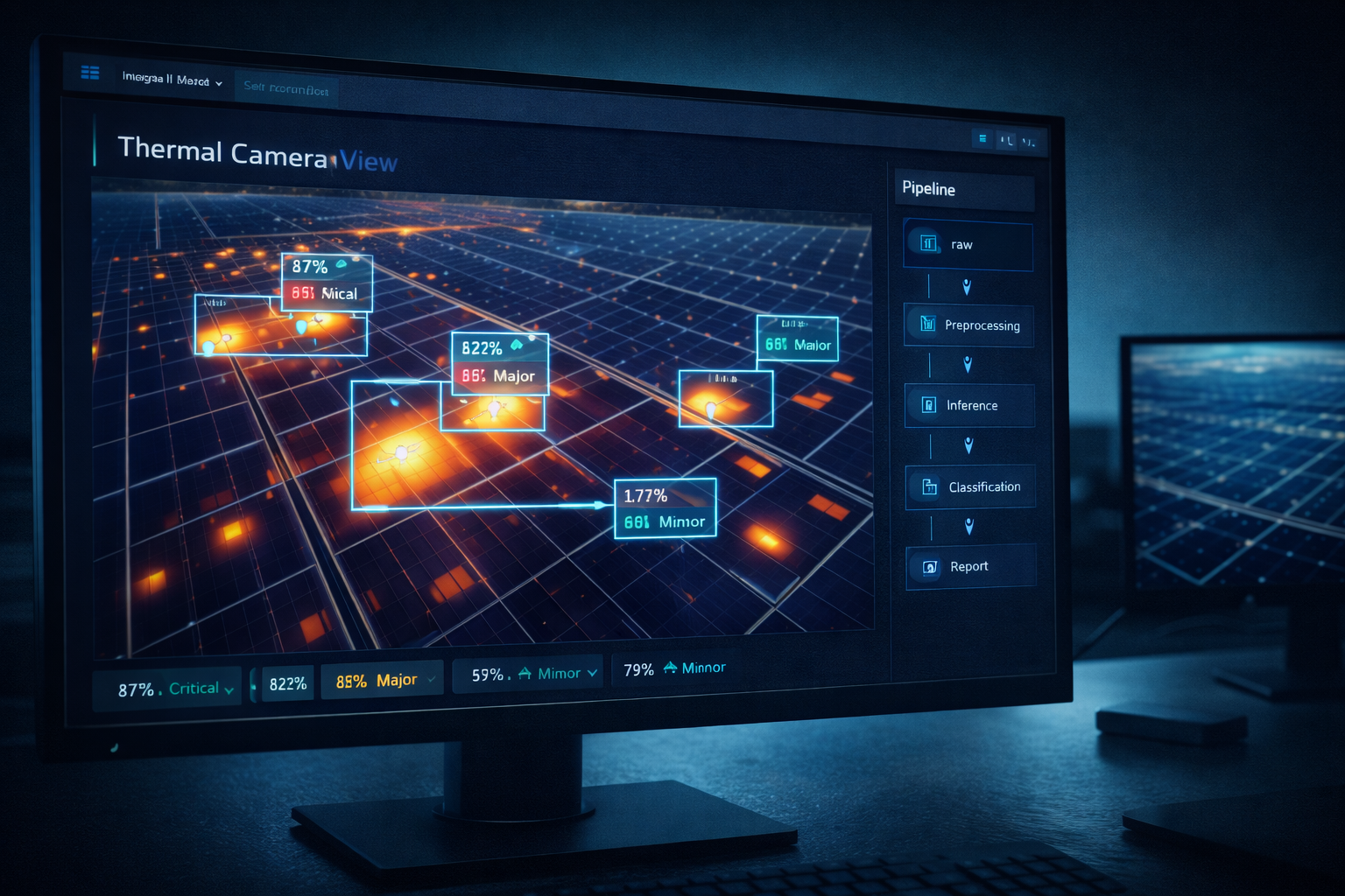 Monitor showing thermal image analysis with AI bounding boxes and confidence scores