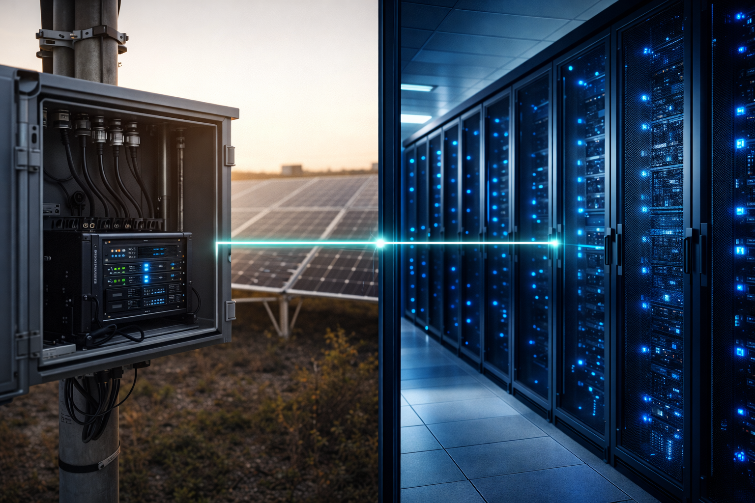 Split composition of outdoor edge computing cabinet at solar site connected to cloud data center