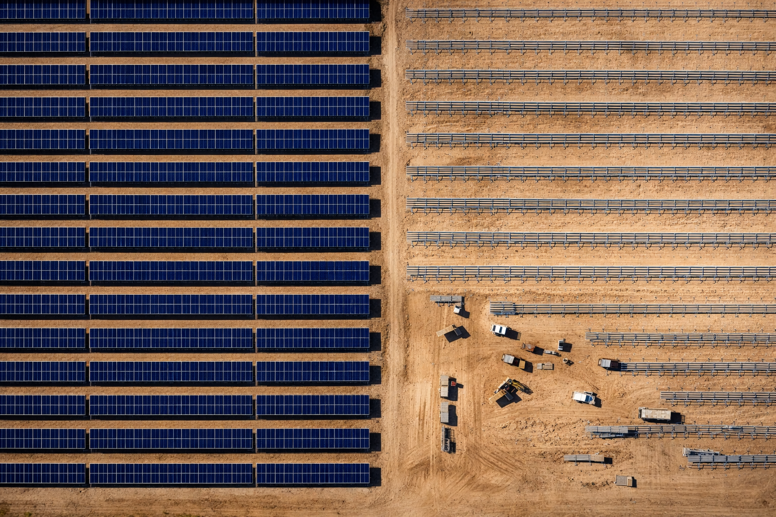 Aerial orthomosaic of a solar farm construction site showing precise panel installation progress
